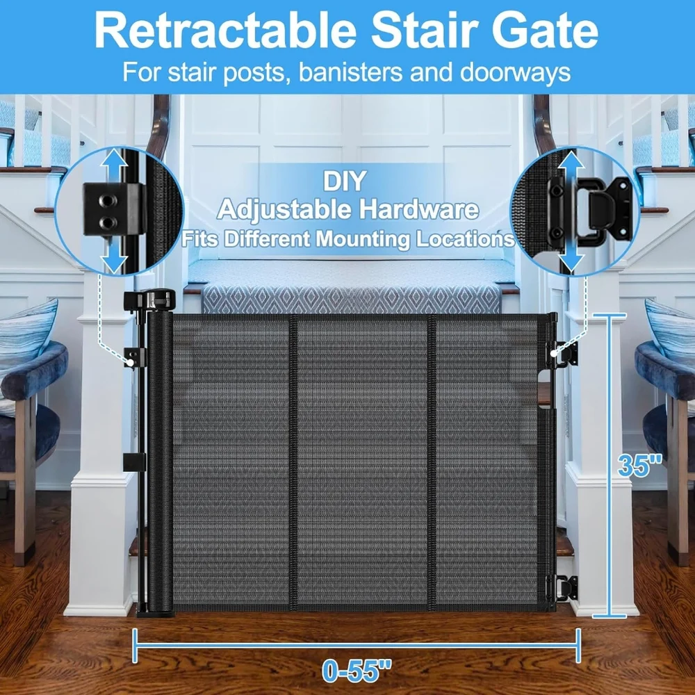 Enhanced 55-Inch Retractable Dog Gate for Stairs, Retractable Baby Gates for Doo